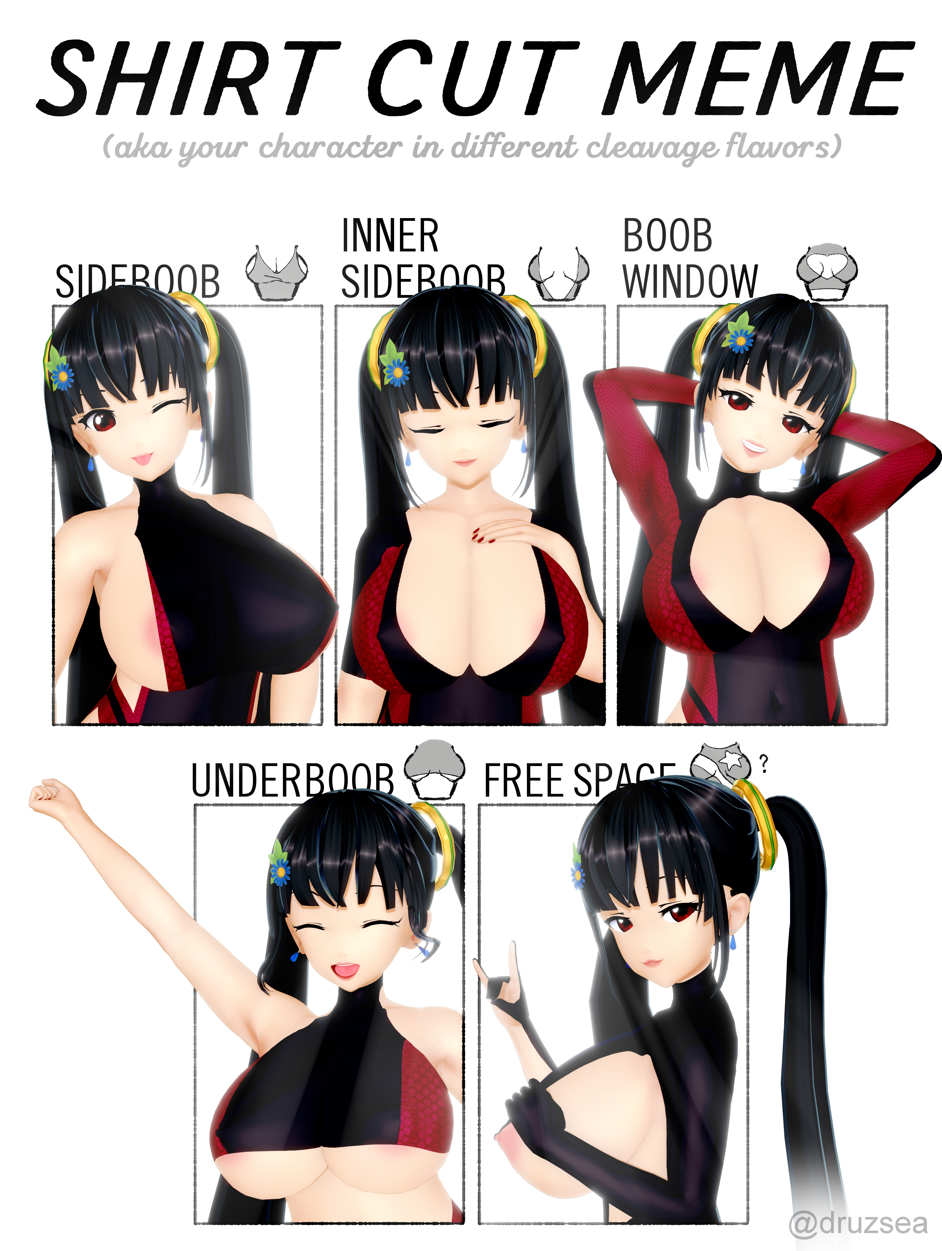 Shizuka Hirose in the shirt cut meme, wearing her black-and-red skintight ESA uniform in various corresponding ways: revealing sideboob, inner sideboob, boob window, underboob, and a variant that replaces the uniform's red accents with bare skin.